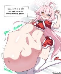 blue_archive christmas christmas_outfit digestion_noises hoshino_(blue_archive) same_size_vore sensei_(blue_archive) soft_vore teeradonss vore vore_belly willing_pred willing_prey