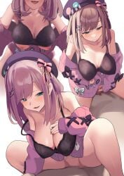 1boy :d arou_(arrow_x666) beret black_bra blue_eyes blush bra breasts brown_hair cardigan censored cleavage clothed_female_nude_male collarbone cowgirl_position female hand_on_own_chest hat highres large_breasts long_hair mosaic_censoring multiple_views nijisanji nipples nude off_shoulder pink_cardigan sex smile straddling straight suzuhara_lulu suzuhara_lulu_(1st_costume) underwear virtual_youtuber