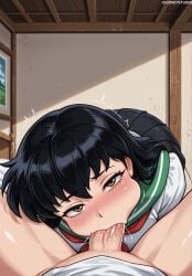 1boy ai_generated black_hair black_skirt blush brown_eyes cheek_bulge clothing deepthroat erection fellatio female green_sailor_collar indoors inuyasha jousneystudio kagome_higurashi long_hair looking_at_viewer male nose_blush oral patreon_username penis pov_crotch sailor_collar saliva school_uniform serafuku shirt skirt solo_focus straight trembling uniform veins veiny_penis web_address white_shirt