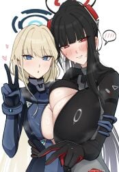 2girls asymmetrical_docking black_hair blue_archive blue_eyes blunt_bangs blush bodysuit breast_press breasts cleavage commentary_request halo headgear heart highres hug large_breasts long_hair looking_at_viewer multiple_girls nagomu_7_56 official_alternate_costume official_alternate_hairstyle open_mouth ponytail red_eyes ring_light_reflection rio_(armed)_(blue_archive) rio_(blue_archive) simple_background spoken_blush toki_(armed)_(blue_archive) toki_(blue_archive) tsurime white_background
