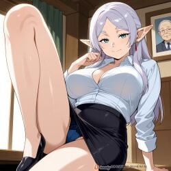 1girls ai_generated breasts elf face female female_only frieren frieren_beyond_journey's_end male mature_female milf office office_clothing office_lady solo_focus sousou_no_frieren sweat uncensored white_hair
