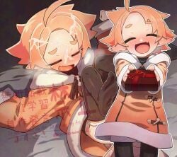 adversarial_noise ahoge blush closed_eyes commentary_request cum cum_on_body cum_on_hair facial female fur_trim gift highres holding holding_gift incoming_gift lying multiple_views open_mouth orange_hair original owasaki paid_reward_available pantyhose pointy_ears short_eyebrows smile thick_eyebrows valentine watermark young