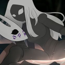 2girls bathing coomerracoon dark_eyes dark_skin hollow_knight hollow_knight:_silksong hornet_(hollow_knight) horns hot_spring insects lace_(hollow_knight) lipstick lipstick_mark mask masked nude nude_female white_eyes white_hair yuri