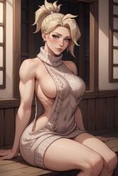 ai_generated angela_ziegler big_breasts blonde_hair blush mercy overwatch overwatch_2 pyke_is_op sitting thick_thighs thighs virgin_killer_sweater