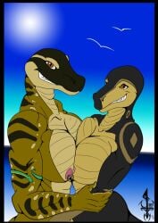 2016 anarosa_(ben56) anthro blazewing117 breast_squish breasts cousins_(lore) duo female female/female hi_res looking_at_viewer muscular nipple_piercing nipples nude piercing rashii reptile scalie sea sky smile snake squish standing water