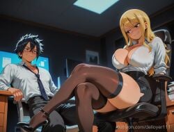 1boy ai_generated black_hair black_skirt black_thighhighs blonde_hair brown_eyes cleavage computer crossed_legs dark-skinned_female dark_skin fairy_tail female from_below glasses gray_fullbuster indoors large_breasts long_hair looking_at_viewer lucy_heartfilia monitor necktie night office office_chair original sitting smirk spiky_hair suggestive thigh_boots white_shirt