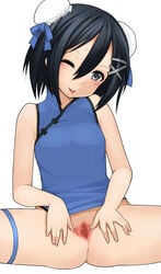 1girls asagi_asagiri blue_eyes censored chinese_clothes disgaea disgaea_2 disgaea_3 female nippon_ichi_software smile spread_pussy wink