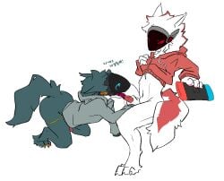 all_fours anthro blue_body blue_fur bottomless bottomless_anthro claws clothed clothing duo fluffy fluffy_tail fur gagaga_ram genitals hand_on_penis handjob holding_object hoodie hoodie_only korean_text licking looking_down looking_down_at_another looking_down_at_partner machine male male/male markings navel nintendo nintendo_switch oral pawpads penile penis penis_lick protogen protogen_visor red_markings sex simple_background sitting skinny_anthro skinny_male tail text tongue topwear topwear_only white_background white_body white_fur