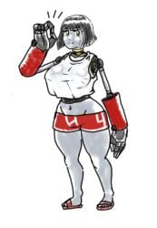 1female 1girls big_breasts big_forearms female franktonius gynoid oc original original_character robot robot_girl sandals shorts solo tank_top white_tank_top