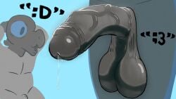 2026 absurd_res animal_genitalia anthro balls big_balls big_penis blue_eyes bodily_fluids concretefauna cuja duo emoticon foreskin generation_7_pokemon generation_8_pokemon genital_fluids genitals glans glistening glistening_genitalia grey_body grey_glans grey_penis half-erect hi_res inteleon loomster male male/male meme nintendo penis pogchamp pokemon pokemon_(species) precum saggy_balls salandit sheath shortstack text urethra vein veiny_penis