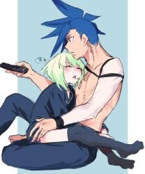 2boys after_sex androgynous black_legwear blush bottomless clothed clothing femboy galo_thymos gay lio_fotia male on_lap promare size_difference stockings thighhighs twink wholesome yaoi