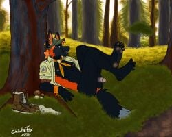 anthro armband bartek22 black_body black_fur boots chuck_(bartek22) circumcised clothing ears_up feet foot_fetish foot_focus footwear forest forest_background fungus fur genitals grass hat headgear headwear hi_res legs_up looking_forward lying male mostly_nude mushroom nature nature_background neckwear nipples on_back open_mouth orange_body orange_fur penis plant raised_leg shirt shoes socks solo tail topwear tree wearing_hat