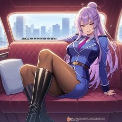 ai_generated boots breast_pockets breasts clothing crossed_legs female female_focus formal frolaytia_capistrano hair_pin heavy_object high_heels high_heels_boots huge_breasts legs limousine long_hair lying military military_uniform necktie on pantyhose purple_eyes seductive seductive_look seductive_pose sitting smile sofa suit thighs uniform