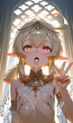 ai_generated arabian_clothes belly_button belly_dancer_outfit blonde_hair cum cum_in_mouth cum_on_breasts eyes_rolling_back genshin_impact hoyoverse klee_(genshin_impact) mihoyo nipple_bulge nipples nipples_visible_through_clothing peace_sign red_eyes small_breasts tongue tongue_out