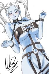 bdsm_gear bdsm_outfit blue_body blue_skin bondage bondage_gear breasts clothed clothing dragon_ball dragon_ball_z embarrassed harness harness_gag horny hot hotpants legs marcarita nipples purple_eyes pussy restrained semi_nude thick_thighs tied_hair