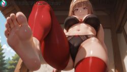 1girls ai_generated aiko_yoshida_(ninja_to_koroshiya_no_futarigurashi) artist_name artist_signature bangs black_bra blunt_bangs blush bow bow_bra bow_panties bra breasts brown_eyes brown_hair eyebrows_visible_through_hair feet foot_focus foreshortening from_below hi_res high_resolution highres kurutai large_breasts long_hair looking_at_viewer navel ninja_to_koroshiya_no_futarigurashi panties parted_lips smile soles solo standing stomach subscribestar subscribestar_username thighhighs thighs toes uncensored underwear