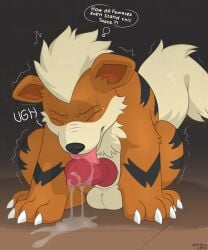2026 absurd_res autofellatio balls bodily_fluids canid canine claws cum digital_media_(artwork) disgusted_face english_text feral fur generation_1_pokemon genital_fluids genitals growlithe hi_res licking male mammal masturbation nintendo oral oral_masturbation orange_body penile penile_masturbation penis penis_lick pokemon pokemon_(species) quadruped sex shaking simple_background sitting solo tail tears text tongue whyvern