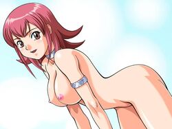 bent_over breasts brown_eyes collar dragon_drive first_porn_of_franchise large_breasts nipples nude red_hair sayaka_towa short_hair smile