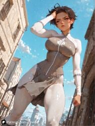 1girls ai_generated anissa anissa_(invincible) big_ass big_breasts blue_eyes breasts brown_hair closed_mouth clothing female female_on_cloth hi_res invincible_(tv_series) large_ass large_breasts larger_female lewder light-skinned_female light_skin looking_at_viewer outdoors short_hair standing tagme