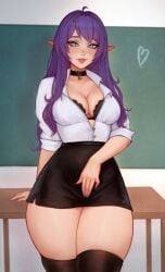 1girls 2025 black_thighhighs blackboard blue_eyes bra breasts choker elf elf_ears elf_female female female_only kayav kayriko long_hair looking_at_viewer open_shirt purple_hair purple_nail_polish skirt smiling smiling_at_viewer solo teacher teacher_outfit thick_thighs thighhighs very_high_resolution