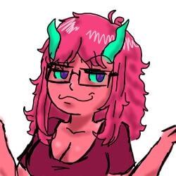 1girls big_breasts breasts cleavage discourse-chan franktonius green_horn green_horns green_sclera horn horns pink_hair pink_skin purple_eyes smug smug_expression smug_face solo white_background