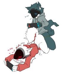 anal anal_sex anthro blue_body blue_fur bodily_fluids bottomless bottomless_anthro breath claws clothed clothing cum cum_drip dialogue digital_drawing_(artwork) digital_media_(artwork) distracted distracted_sex dripping duo fluffy fluffy_tail fur gagaga_ram gaming genital_fluids genitals hoodie hoodie_only inner_ear_fluff korean_description korean_text machine male male/male markings moan nintendo nintendo_switch orange_claws panting penetration penis playing_video_game protogen red_markings shaking simple_background sweat sweatdrop tail text topwear topwear_only tuft white_background white_body white_fur