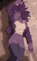 2026 anthro bed bedroom_eyes black_clothing black_legwear black_stockings breasts camel_toe cleavage clothed clothing crop_top deltarune demidoggo dinosaur exposed_shoulder female furniture genitals hair jacket legwear lounging lying midriff narrowed_eyes navel on_back pinup portrait pose prehistoric_species pubes purple_body purple_hair reclining_on_bed repost reptile scalie seductive shirt short_tail solo stockings susie_(deltarune) tail teeth three-quarter_portrait topwear undertale_(series) vulva white_clothing white_crop_top white_shirt white_topwear yellow_eyes yellow_teeth