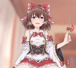 blush bow bowtie breasts breath brown_hair choujigen_game_neptune_sisters_vs_sisters commentary_request commission detached_sleeves female hairband hairbow highres holding holding_needle implied_sex looking_at_viewer medium_hair miyo_(ranthath) needle neptune_(series) open_mouth purple_eyes red_bow red_bowtie red_hairband red_skirt shanghai_alice-chan_(neptunia) shirt skeb_commission skirt sleeve_bow small_breasts solo trembling underbust white_shirt