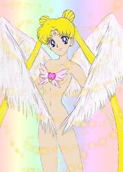 angel artist_request bishoujo_senshi_sailor_moon blonde_hair blue_eyes convenient_censoring female long_hair looking_at_viewer nude princess_serenity sailor_moon solo straight_hair usagi_tsukino wings