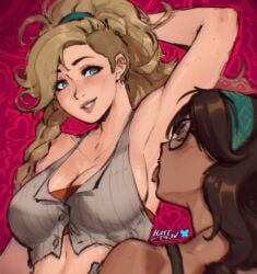 alma_(monster_hunter_wilds) armpits arms_up bakushin_o_armpit_gif_(meme) cleavage female_only fully_clothed gemma_(monster_hunter_wilds) girl_only hatidraw licking monster_hunter monster_hunter_wilds only_female sideboob yuri