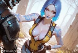 1girls ai_generated bare_shoulders belt blue_eyes blue_hair blue_lips borderlands breasts breasts_out cleavage elvoryn female female_on_cloth gloves large_breasts light-skinned_female light_skin lipstick looking_at_viewer makeup maya_(borderlands) nipples pink_nipples short_hair solo standing tattoo