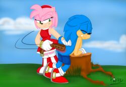 amy_rose angry anthro ass belt belting bent_over bodily_fluids bottomwear bottomwear_down butt_slap clothed clothing crying dominant dominant_female duo eulipotyphlan fanny_the_paddle female hedgehog hi_res log male male/female mammal pants pants_down partially_clothed punishment reddened_butt sega slap sonic_(series) sonic_the_hedgehog sonic_the_hedgehog_(series) spank_marks spanked_butt spanking submissive submissive_male tears wood