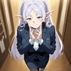 1girls ai_generated breasts elf face female female_only frieren frieren_beyond_journey's_end male mature_female milf office office_clothing office_lady solo_focus sousou_no_frieren sweat uncensored white_hair