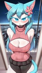 1girls ai_generated anthro black_choker blue_eyelashes blue_eyes blue_hair blue_tail blush boob_window cat_ears choker cleavage clothing curvy curvy_figure cutout dialogue english_text female_focus flower_in_hair flustered fur furry hair_ornament hands_behind_back humanoid leggings long_hair looking_at_viewer medium_ass medium_breasts nervous open_mouth pink_nose pov random_cat. self_upload sfw short_girl skirt sky_blue_hair sleeveless sleeveless_turtleneck slim_waist smile solo solo_female solo_focus standing sweater talking_to_viewer text thick_thighs turtleneck white_body white_fur