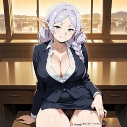 1girls ai_generated breasts elf face female female_only frieren frieren_beyond_journey's_end male mature_female milf office office_clothing office_lady solo_focus sousou_no_frieren sweat uncensored white_hair