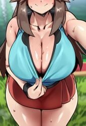 1girls ai_generated big_breasts blush breasts_focus cleavage cleavage_focus cleavage_pull female female_only game_freak hand_on_hip head_out_of_frame huge_breasts leaf_(pokemon) leaning_forward light-skinned_female nintendo pokemon seductive_smile smile solo_female standing sweaty_body tagme thick_thighs wide_hips