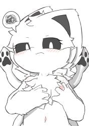 4_fingers absurd_res annoyed black_eyes black_sclera breasts canid canine canis changed_(video_game) domestic_dog embarrassed female fingers fur hi_res humanoid looking_down mammal papyruscafe solo squid_dog_(changed) tentacle white_body white_eyes white_fur