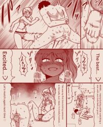 1boy 1girls ballbusting cbt cock_and_ball_torture cock_and_balls_torture dominant_female english_text femdom kicking_balls masturbating masturbation monochrome oc smaller_female submissive_male underwear