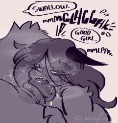 ambiguous_gender animal_genitalia animal_penis anthro biped canine_genitalia canine_penis dialogue duo erection eyewear fur genitals glasses hair hand_on_head heart_symbol horn knot looking_pleasured male male/ambiguous monochrome oral peeing_in_mouth penis penis_in_mouth pinkshinyhorns sex signature speech_bubble steam text wearing_glasses