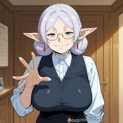 1girls ai_generated breasts elf face female female_only frieren frieren_beyond_journey's_end male mature_female milf office office_clothing office_lady solo_focus sousou_no_frieren sweat uncensored white_hair