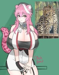 1girls artist_signature cleavage female female_focus female_only hololive hololive_english hololive_english_-justice- huge_breasts ohitsuji pink_hair raora_panthera