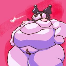 1:1 anthro belly big_belly big_breasts biped black_eyes breasts clothing demon digital_drawing_(artwork) digital_media_(artwork) empty_eyes eyelashes female front_view genitals headgear headgear_only headwear headwear_only hi_res huge_breasts kuromi lagomorph leporid mammal mostly_nude nipples nude onegai_my_melody pink_background rabbit sanrio signature simple_background snifflah solo thick_thighs vulva