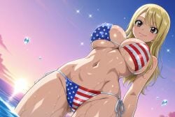 1female 1girls ai_generated american_flag_bikini bikini blonde_female blonde_hair brown_eyes curvaceous fairy_tail female female_focus female_only lucy_heartfilia solo solo_female tagme wet wet_body