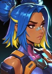 ai_generated artifactglitch blonde_highlights blue_hair breasts brown_eyes close-up dark_skin eyeliner frown lipstick looking_to_the_side makeup medium_hair mouth_closed neon_(valorant) nose_bandage riot_games shoulders side_profile suit twintails valorant watermark