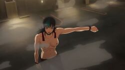 ai_edit ai_generated androgynous arm_extended black_hair breasts curvy edited_screencap female fighting_stance highres hoshi_kirara jujutsu_kaisen kirara_hoshi large_breasts long_hair nipples nude nude_edit parking_garage screencap shiny_skin solo teal_streaks toned trans_woman transfem