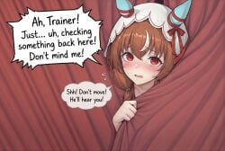 ai_generated blush brown_hair cheating curtains english_text hair_ribbon holding_curtain horse_ears horse_girl looking_at_viewer nervous_smile netorare panic red_eyes ribbon speech_bubble stealth_sex still_in_love_(umamusume) two-tone_hair umamusume umamusume_pretty_derby veil