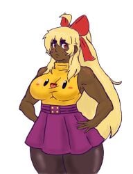 1girls blonde_hair dark-skinned_female dark_skin dark_skinned_female franktonius graphic_tee kirbila_(yellow_kirby) long_hair ponytail ribbon sleeveless_turtleneck solo turtleneck turtleneck_sweater