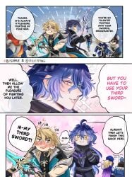 fighting flins_(genshin_impact) flirting flirting_look flirty gay gay_male genshin_impact sexual_tension sfw sword varka_(genshin_impact)