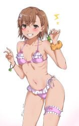 blush frilled_bikini grin keychain misaka_mikoto petite ribs scrunchie sioo_1029 skinny small_breasts smile thigh_strap to_aru_kagaku_no_railgun to_aru_majutsu_no_index