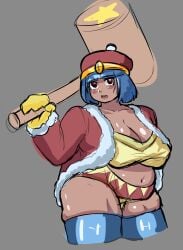1female 1girls 1woman belly blue_hair blush breasts cleavage female friend-san froggonmi genderswap_(mtf) gloves gray_background grey_background hammer hat holding_weapon king_dedede large_breasts midriff navel red_eyes rule_63 shiny_skin simple_background skindentation solo solo_female solo_woman thick_thighs thighhighs tummy weapon winter_gloves